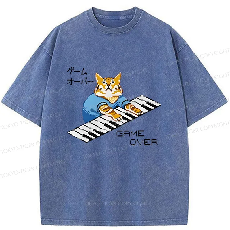 Tokyo-Tiger Cat Playing The Piano Washed T-Shirt