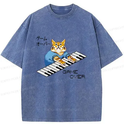 Tokyo-Tiger Cat Playing The Piano Washed T-Shirt