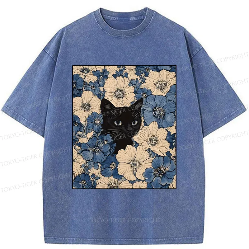 Tokyo-Tiger Cat In The Flowers Washed T-Shirt