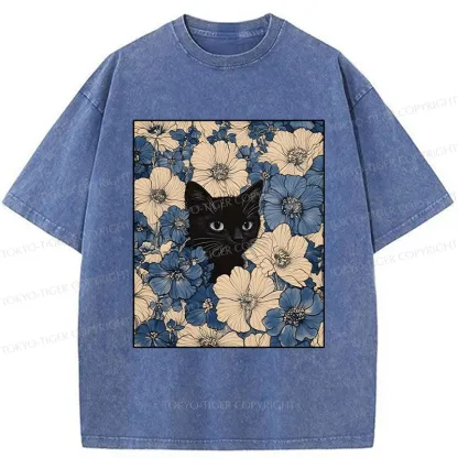 Tokyo-Tiger Cat In The Flowers Washed T-Shirt