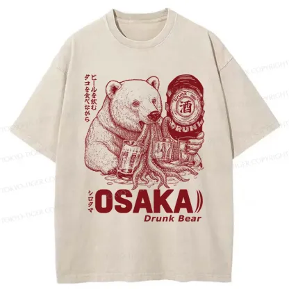 Tokyo-Tiger Polar Bear Drinking Beer Washed T-Shirt
