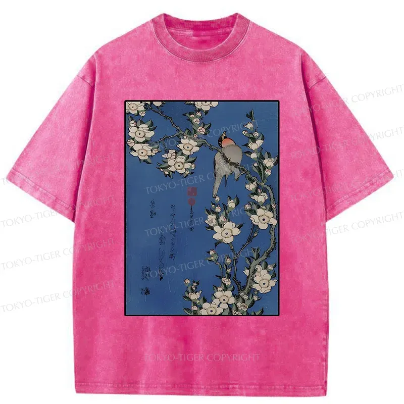 Tokyo-Tiger Japanese Bird And Wood Painting Washed T-Shirt