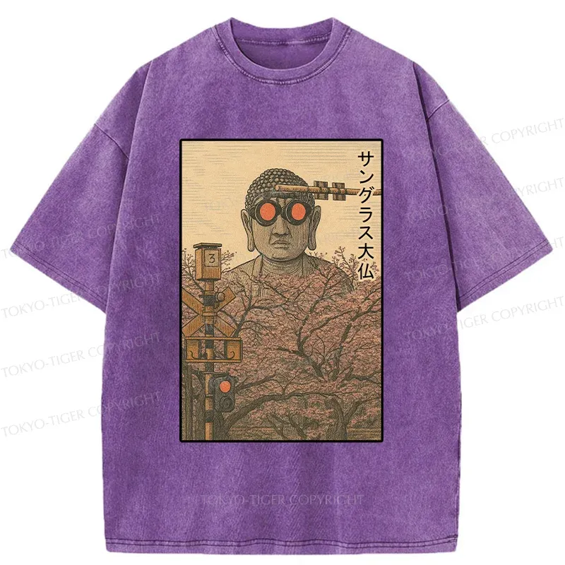 Tokyo-Tiger Buddha Statue Wearing Sunglasses Washed T-Shirt