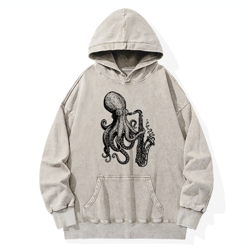 Tokyo-Tiger Octopus Playing Saxophone Washed Hoodie