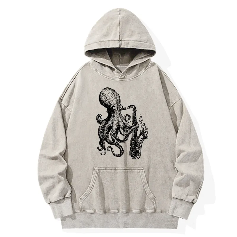 Tokyo-Tiger Octopus Playing Saxophone Washed Hoodie