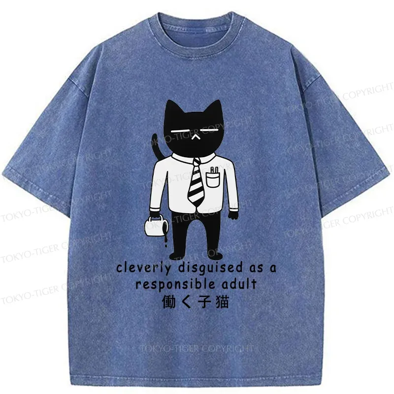 Tokyo-Tiger Cat At Work Washed T-Shirt Sale