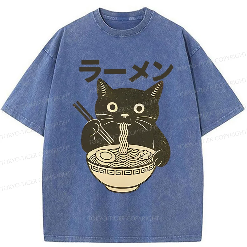 Tokyo-Tiger Simple Black Cat Eating Ramen Washed T-Shirt