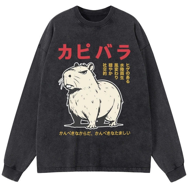 Tokyo-Tiger Angry Capybara Japan Washed Long Sleeve T-Shirt Sale