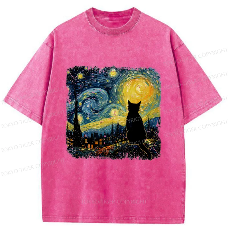 Tokyo-Tiger The Starry Night Cat Washed T-Shirt