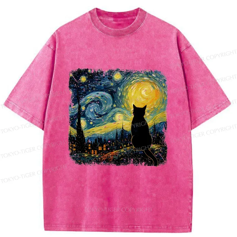 Tokyo-Tiger The Starry Night Cat Washed T-Shirt