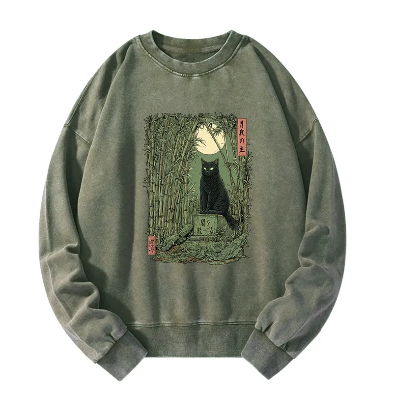 Tokyo-Tiger Black Cat In The Bamboo Forest Washed Sweatshirt
