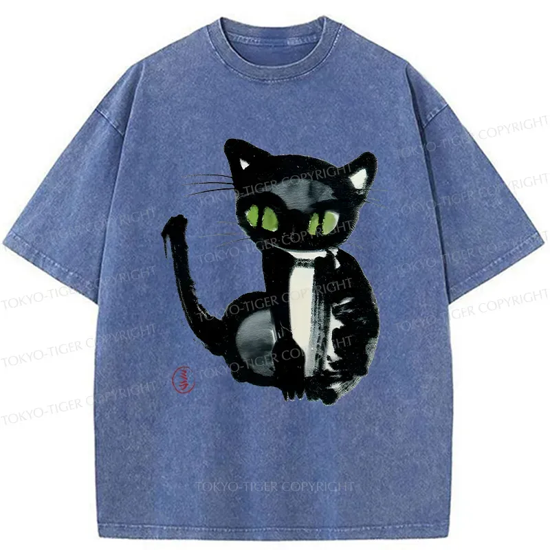 Tokyo-Tiger Ink Painting Cat Washed T-Shirt