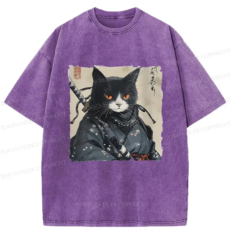 Tokyo-Tiger Handsome Samurai Cat Washed T-Shirt