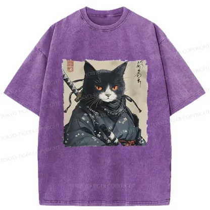 Tokyo-Tiger Handsome Samurai Cat Washed T-Shirt
