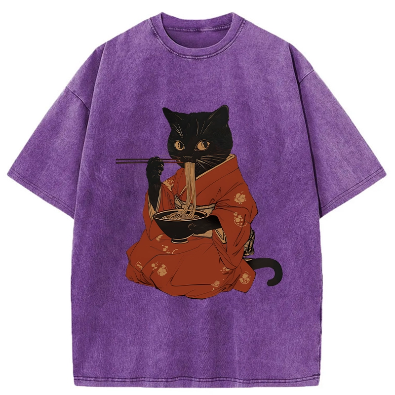 Tokyo-Tiger Cat Addicted To Ramen Washed T-Shirt