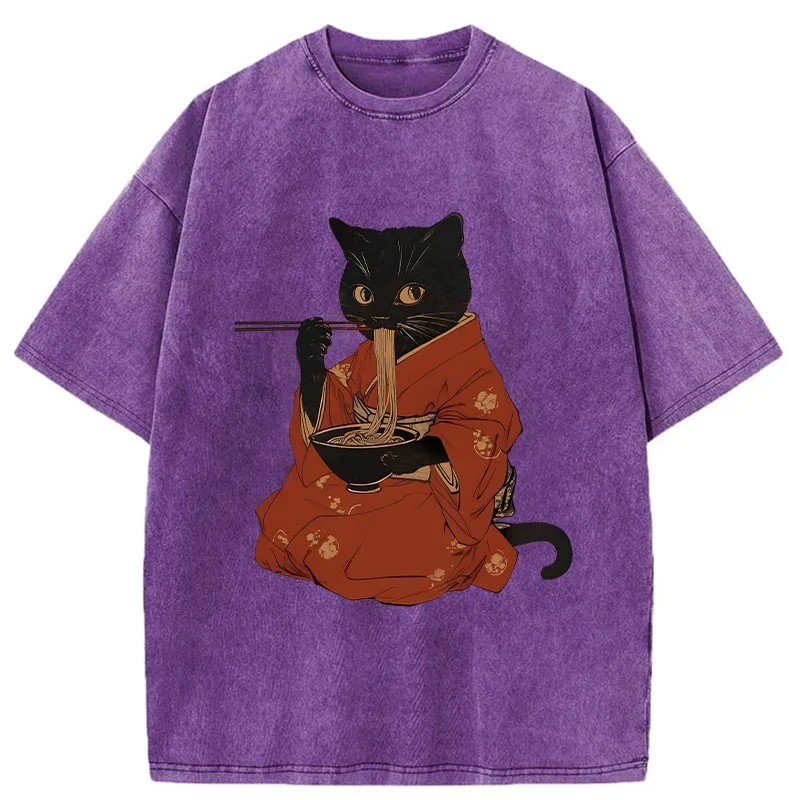 Tokyo-Tiger Cat Addicted To Ramen Washed T-Shirt