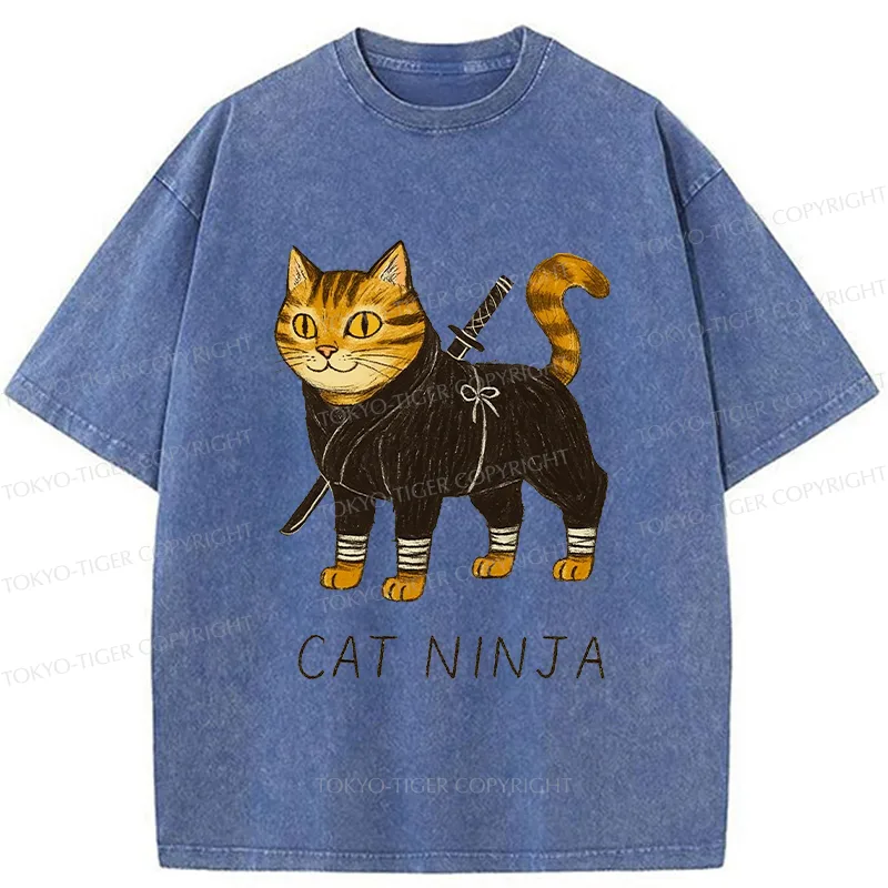 Tokyo-Tiger Cute Ninja Cat Washed T-Shirt