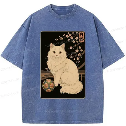 Tokyo-Tiger Retro White Cat Washed T-Shirt