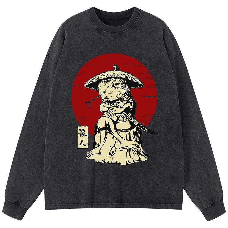 Tokyo-Tiger Rounin Japanese Frog Samurai Washed Long Sleeve T-Shirt