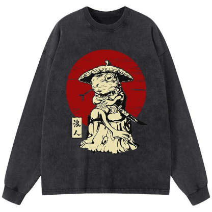 Tokyo-Tiger Rounin Japanese Frog Samurai Washed Long Sleeve T-Shirt