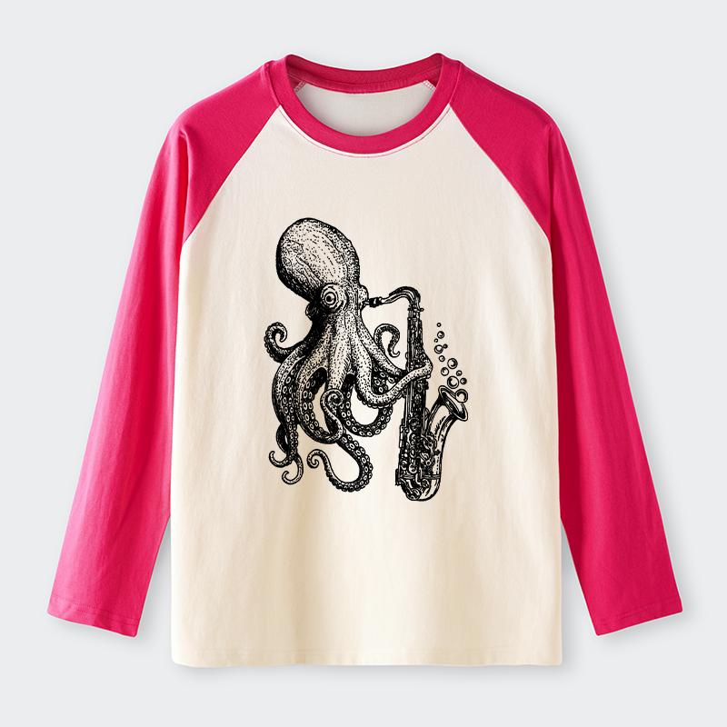 Tokyo-Tiger Octopus Playing Saxophone Raglan Long Sleeve T-shirt