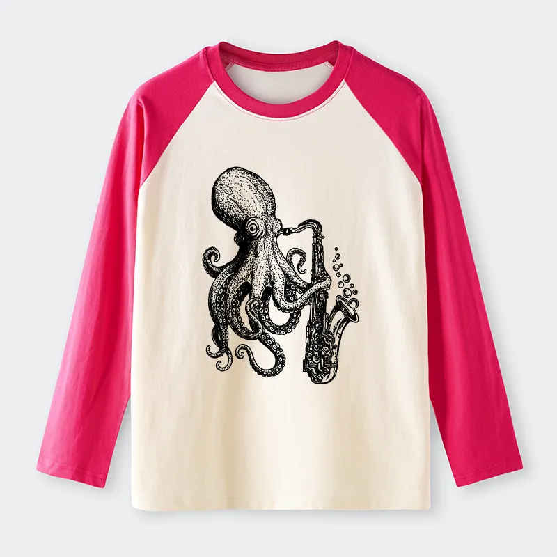 Tokyo-Tiger Octopus Playing Saxophone Raglan Long Sleeve T-shirt