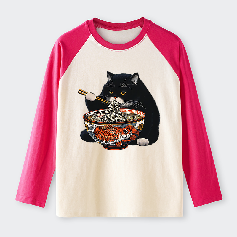 Tokyo-Tiger Fat Cat Eating Ramen Raglan Long Sleeve T-shirt