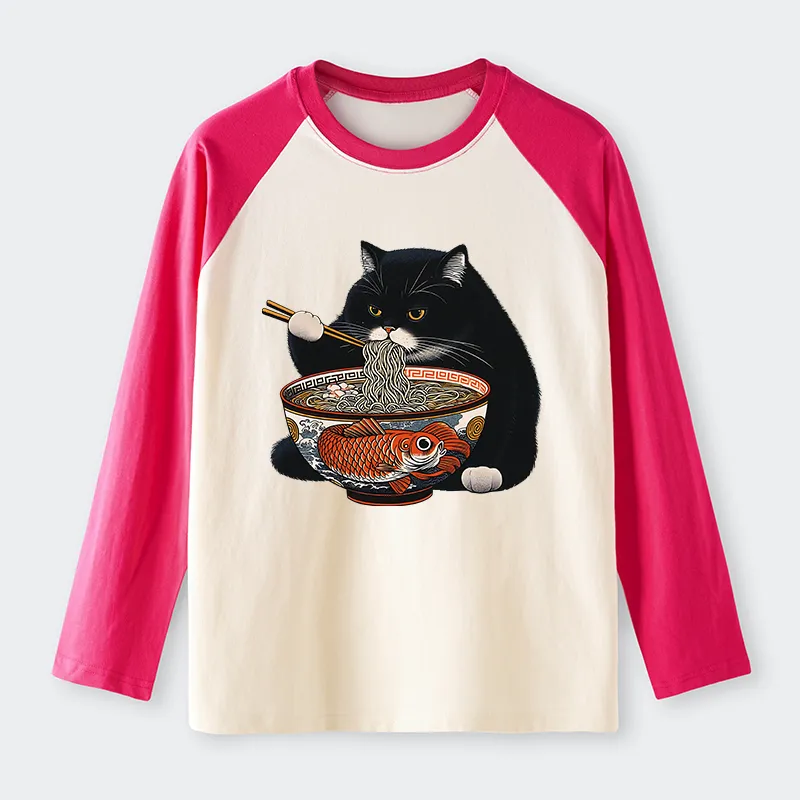 Tokyo-Tiger Fat Cat Eating Ramen Raglan Long Sleeve T-shirt