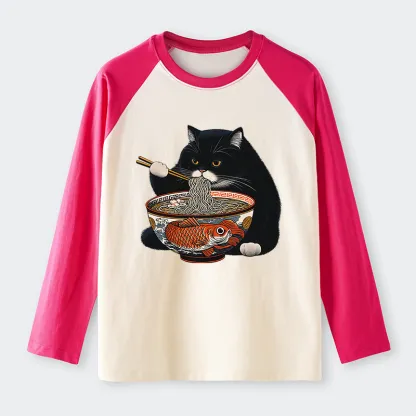 Tokyo-Tiger Fat Cat Eating Ramen Raglan Long Sleeve T-shirt
