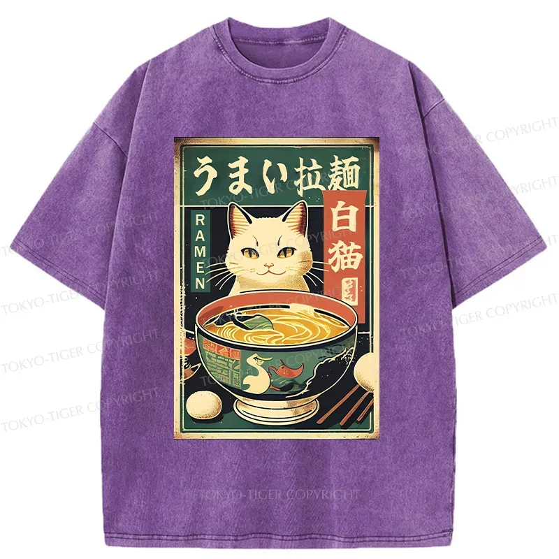 Tokyo-Tiger White Cat Eating Ramen Washed T-Shirt