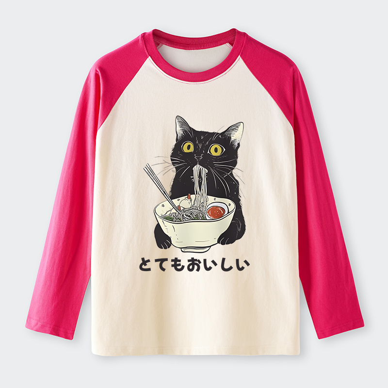 Tokyo-Tiger Cats Eat Ramen Noodles Raglan Long Sleeve T-shirt