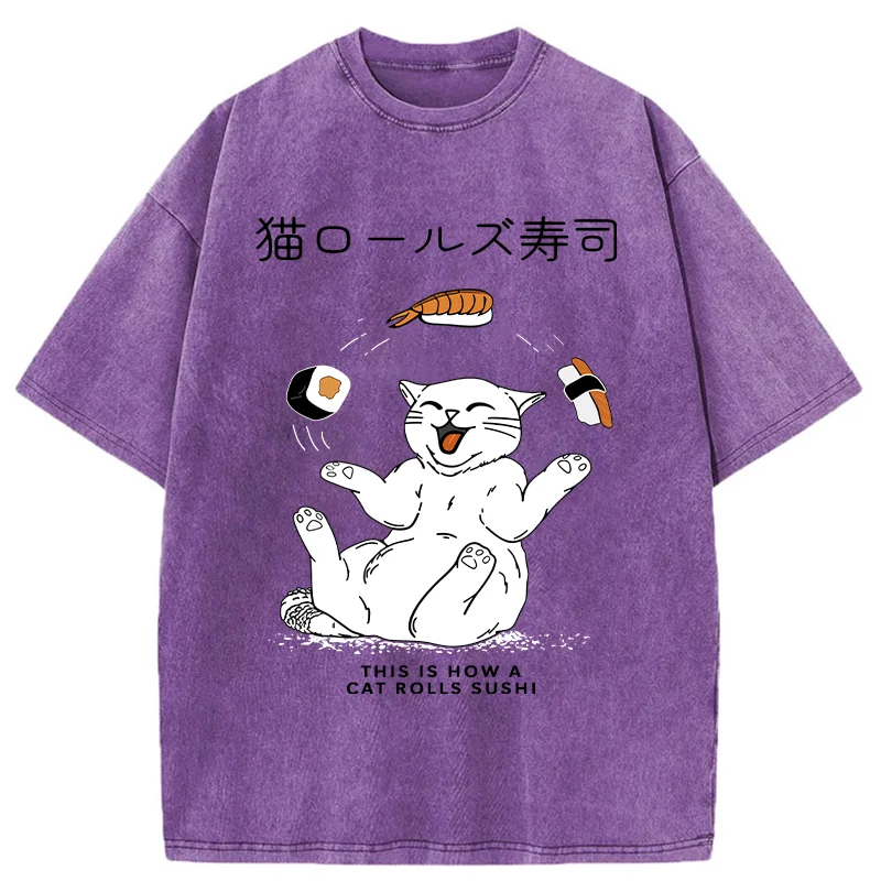 Tokyo-Tiger Funny Cat Rolls Sushi Washed T-Shirt
