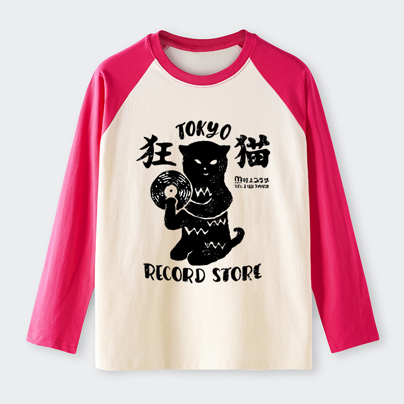 Tokyo-Tiger Tokyo Record Store Cat CD Raglan Long Sleeve T-shirt