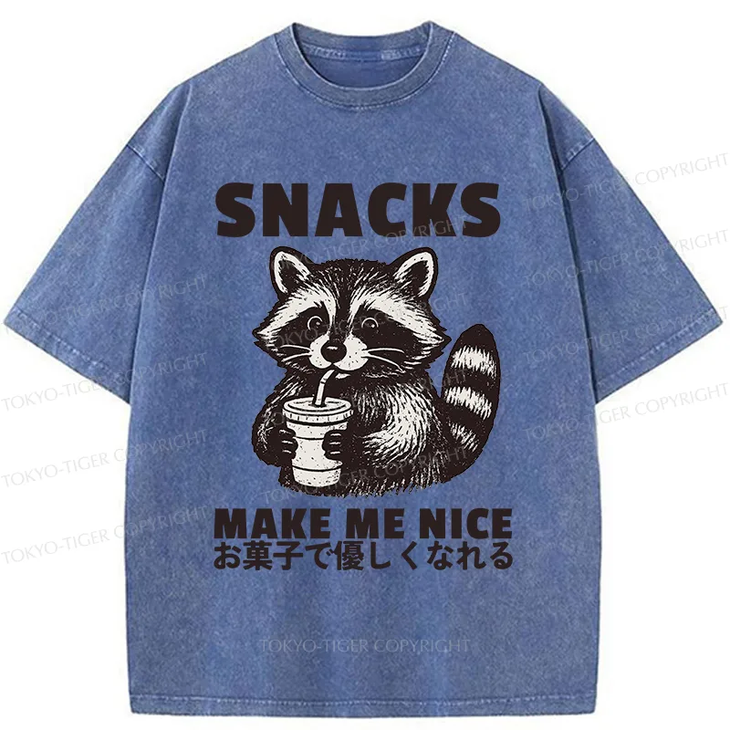 Tokyo-Tiger Raccoon Eating Snacks Washed T-Shirt