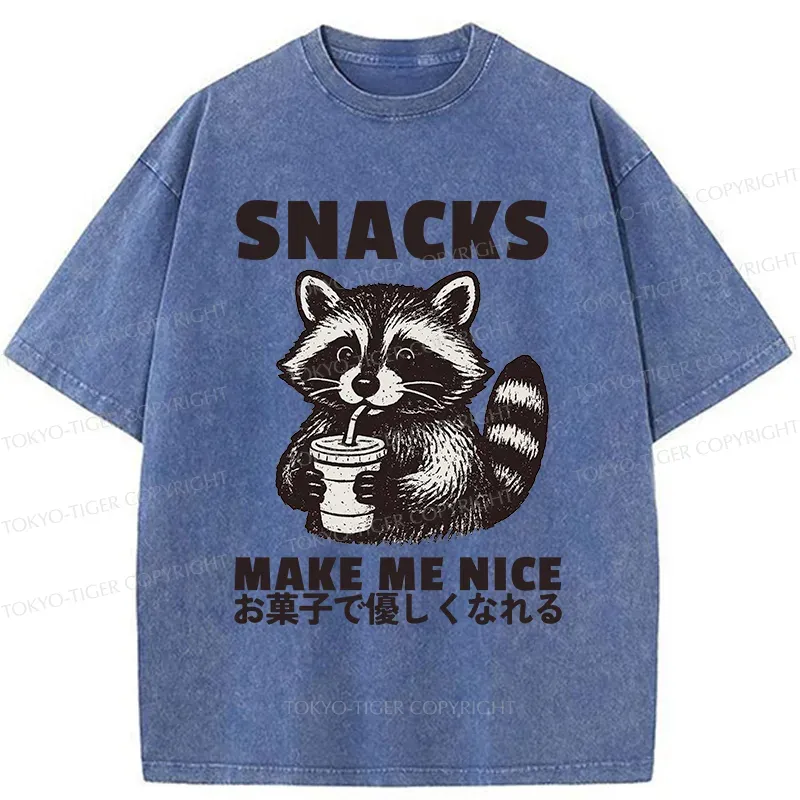 Tokyo-Tiger Raccoon Eating Snacks Washed T-Shirt Sale