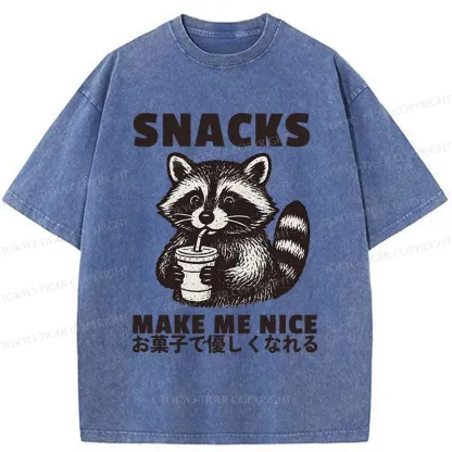 Tokyo-Tiger Raccoon Eating Snacks Washed T-Shirt
