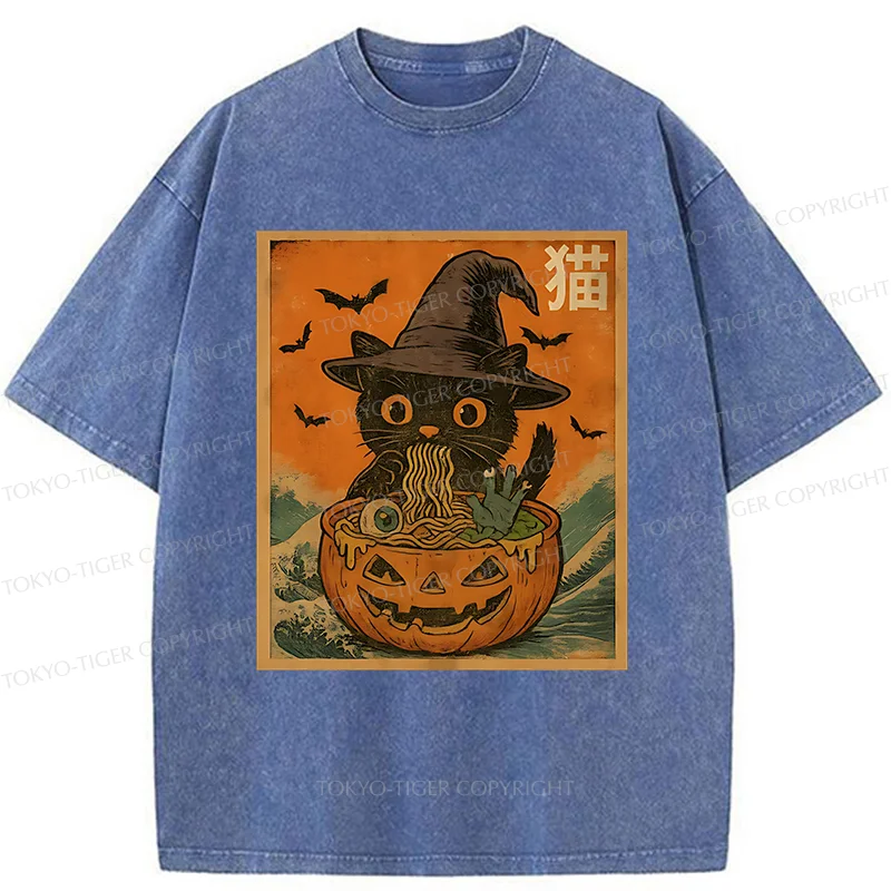 Tokyo-Tiger Halloween Cat Eating Ramen Washed T-Shirt