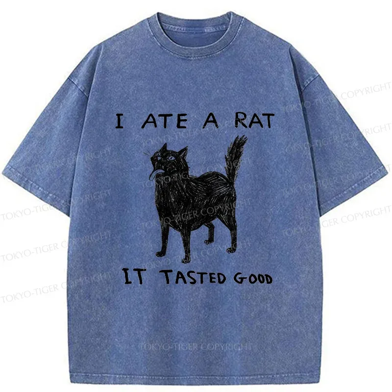 Tokyo-Tiger Cat Tasting Delicious Mouse Washed T-Shirt