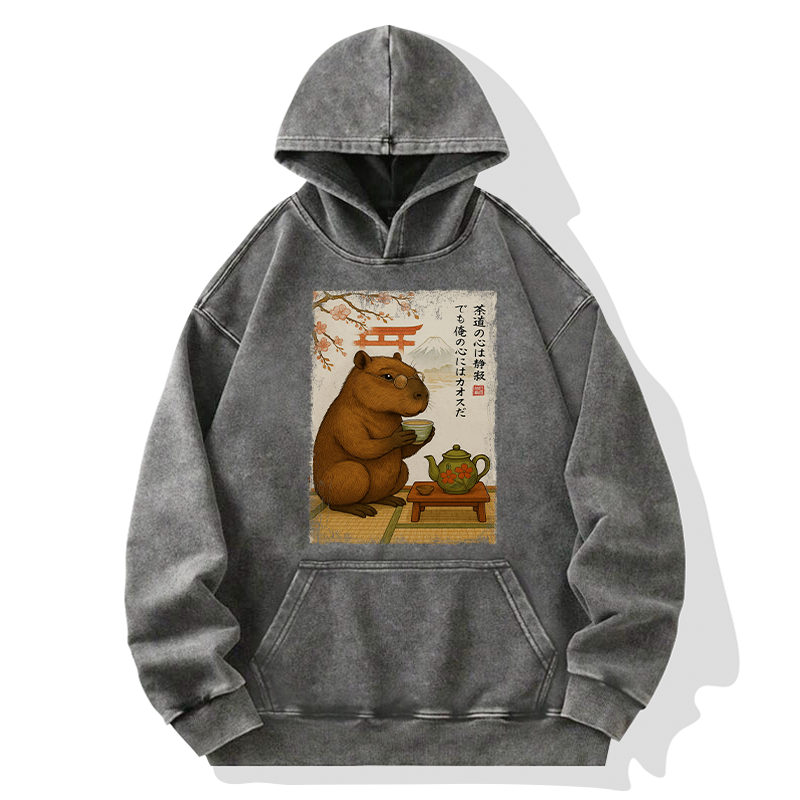 Tokyo-Tiger Tea Time With a Capybara Washed Hoodie