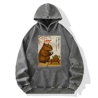 Tokyo-Tiger Tea Time With a Capybara Washed Hoodie