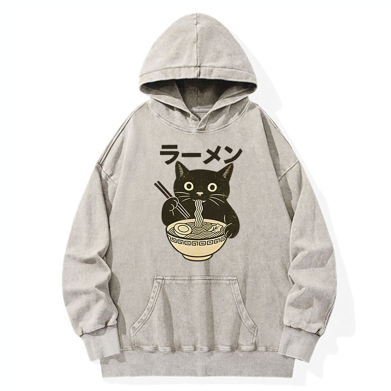 Tokyo-Tiger Simple Black Cat Eating Ramen Washed Hoodie