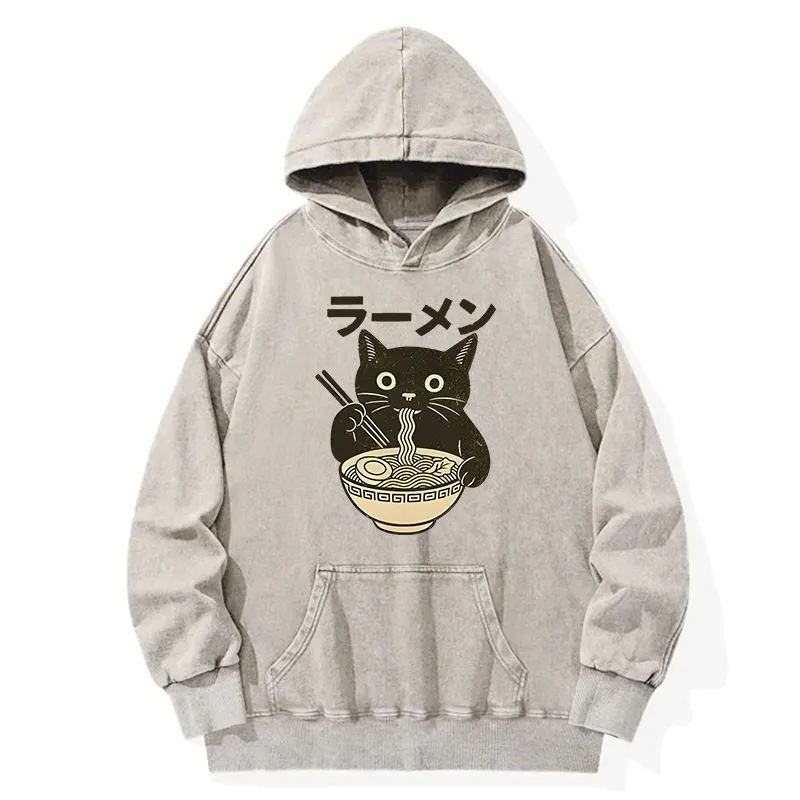 Tokyo-Tiger Simple Black Cat Eating Ramen Washed Hoodie