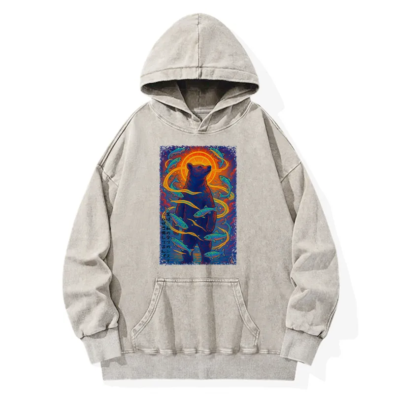 Tokyo-Tiger Ukiyoe Bear and Fish Washed Hoodie