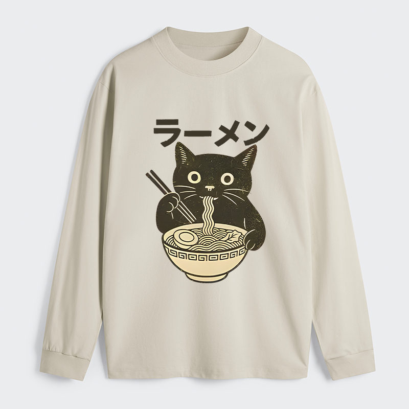 Tokyo-Tiger Simple Black Cat Eating Ramen Classic Long Sleeve T-Shirt