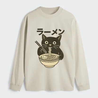 Tokyo-Tiger Simple Black Cat Eating Ramen Classic Long Sleeve T-Shirt