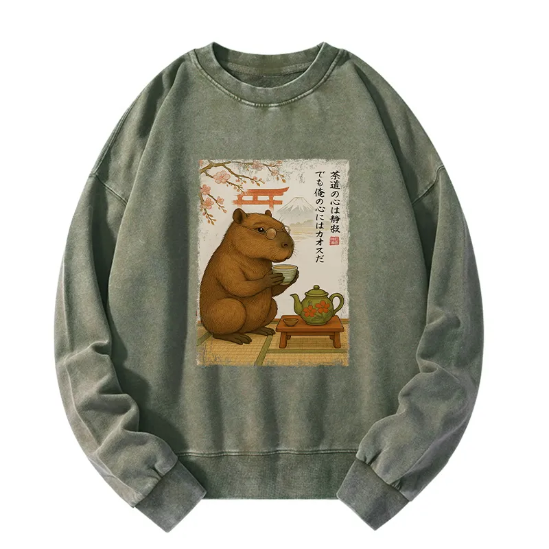 Tokyo-Tiger Tea Time With a Capybara Washed Sweatshirt