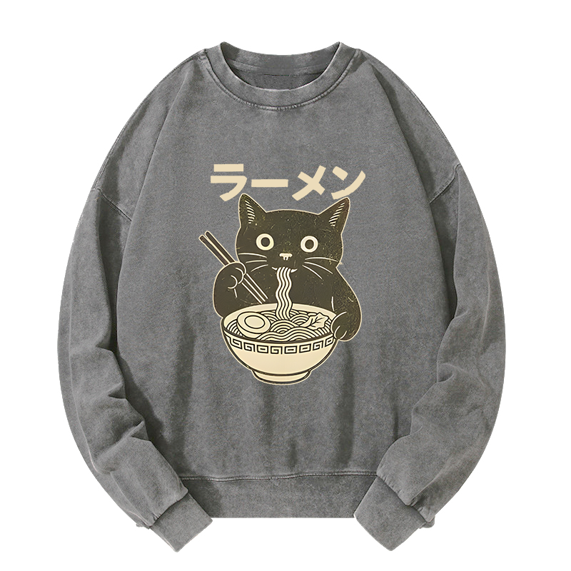 Tokyo-Tiger Simple Black Cat Eating Ramen Washed Sweatshirt