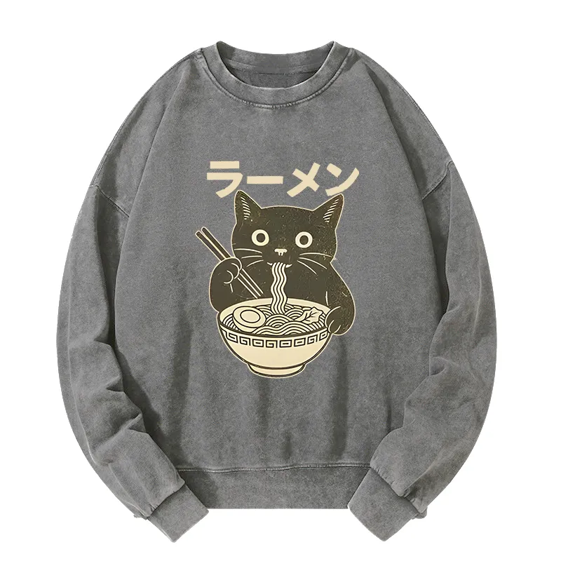 Tokyo-Tiger Simple Black Cat Eating Ramen Washed Sweatshirt Sale
