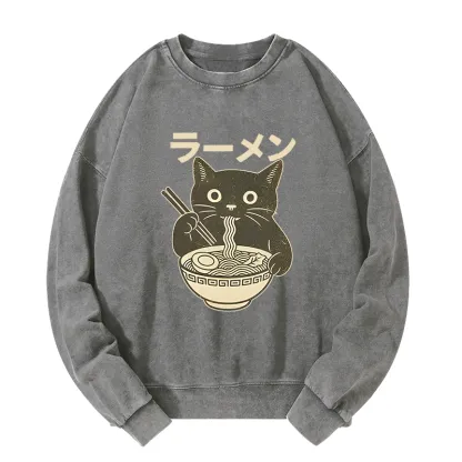 Tokyo-Tiger Simple Black Cat Eating Ramen Washed Sweatshirt