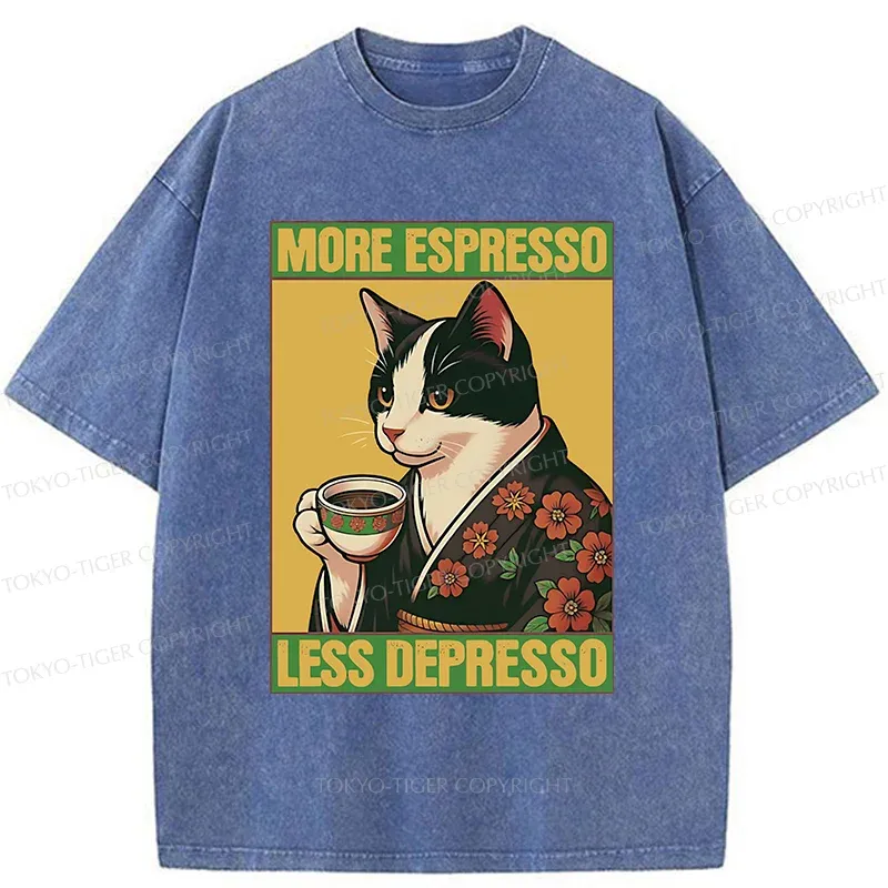 Tokyo-Tiger Tuxedo Cat Drinking Coffee Washed T-Shirt Sale